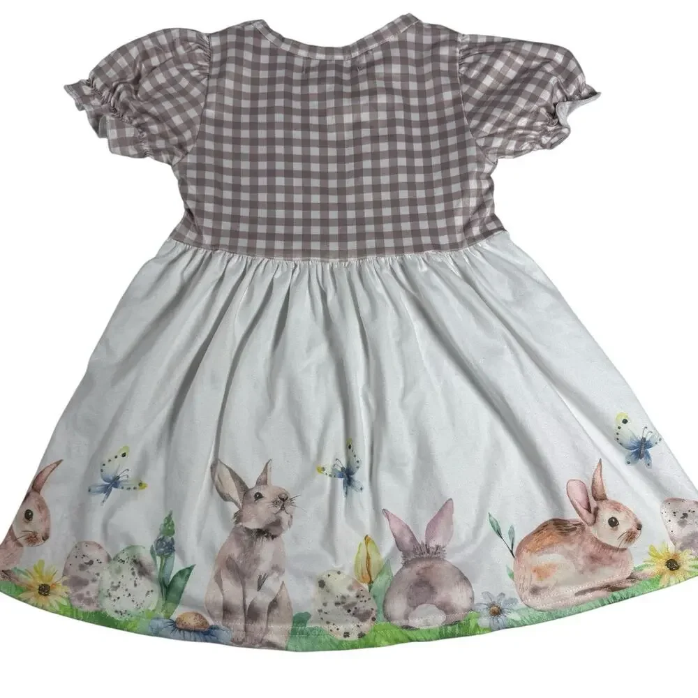 Marie Nicole Girls Easter Bunny Dress Ruffle Sleeve Gingham Size S EUC
